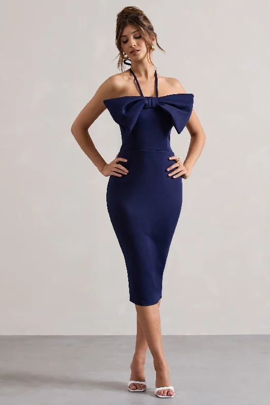 Carly | Navy Halter-Neck Midi Dress With Bow